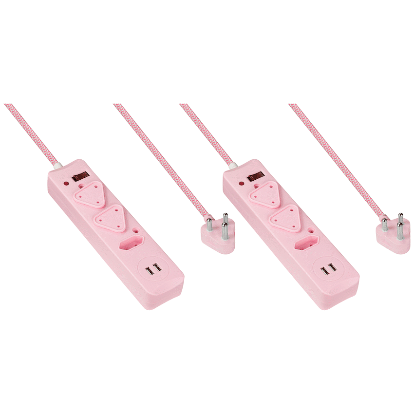2x 3 Way Surge Multiplug with Dual USBs Pink-0.5M — 2x 3 Way Surge Multiplug with Dual USBs Pink-0.5M