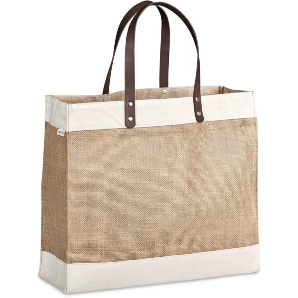 Okiyo Reza Jute & Cotton Tote with Leather Handles — Okiyo Reza Jute & Cotton Tote with Leather Handles