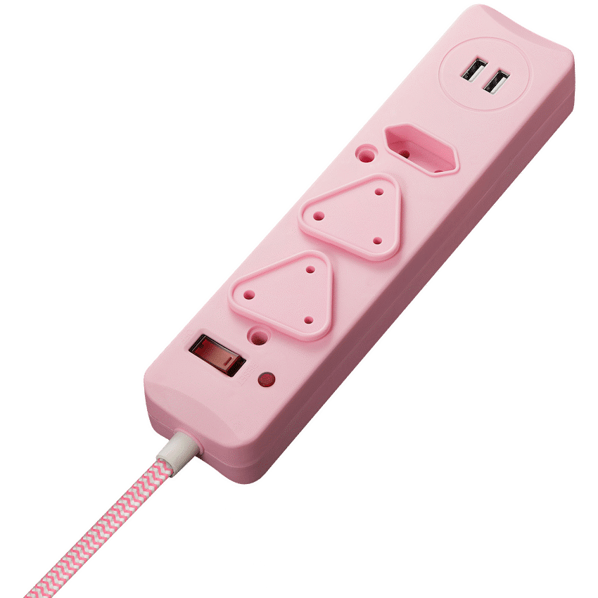 Switched 3-Way Surge Multiplug with Dual USB 2.4A & 0.5m Braided Cord - Pink - Image 2