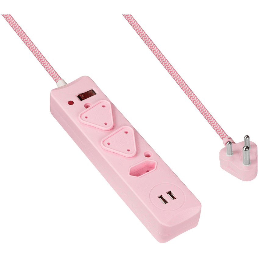 Switched 3-Way Surge-Protected Multiplug with Dual 2.4a USB Ports 3m Braided Cord