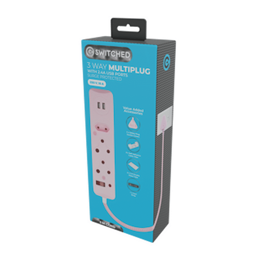 Switched 3-Way Surge-Protected Multiplug with Dual 2.4a USB Ports 3m Braided Cord - Image 3