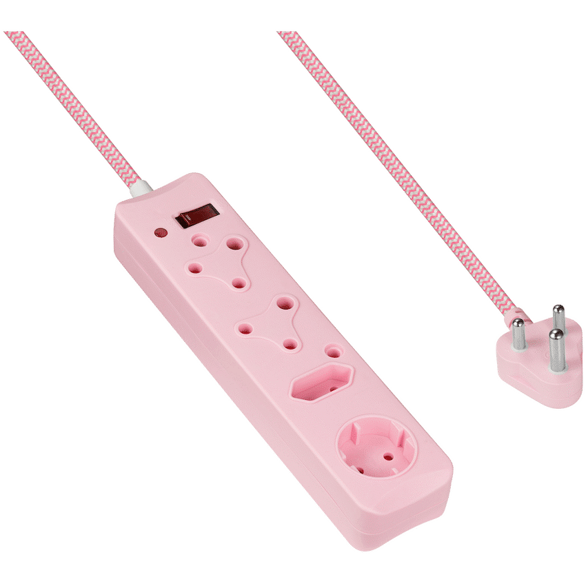 Switched 4-Way Surge-Protected Multiplug - 3m Braided Cord - Pink